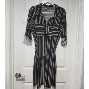Mlle Gabrielle Black & White Vertical Stripe Polka Dot Utility Shirt Midi Dress